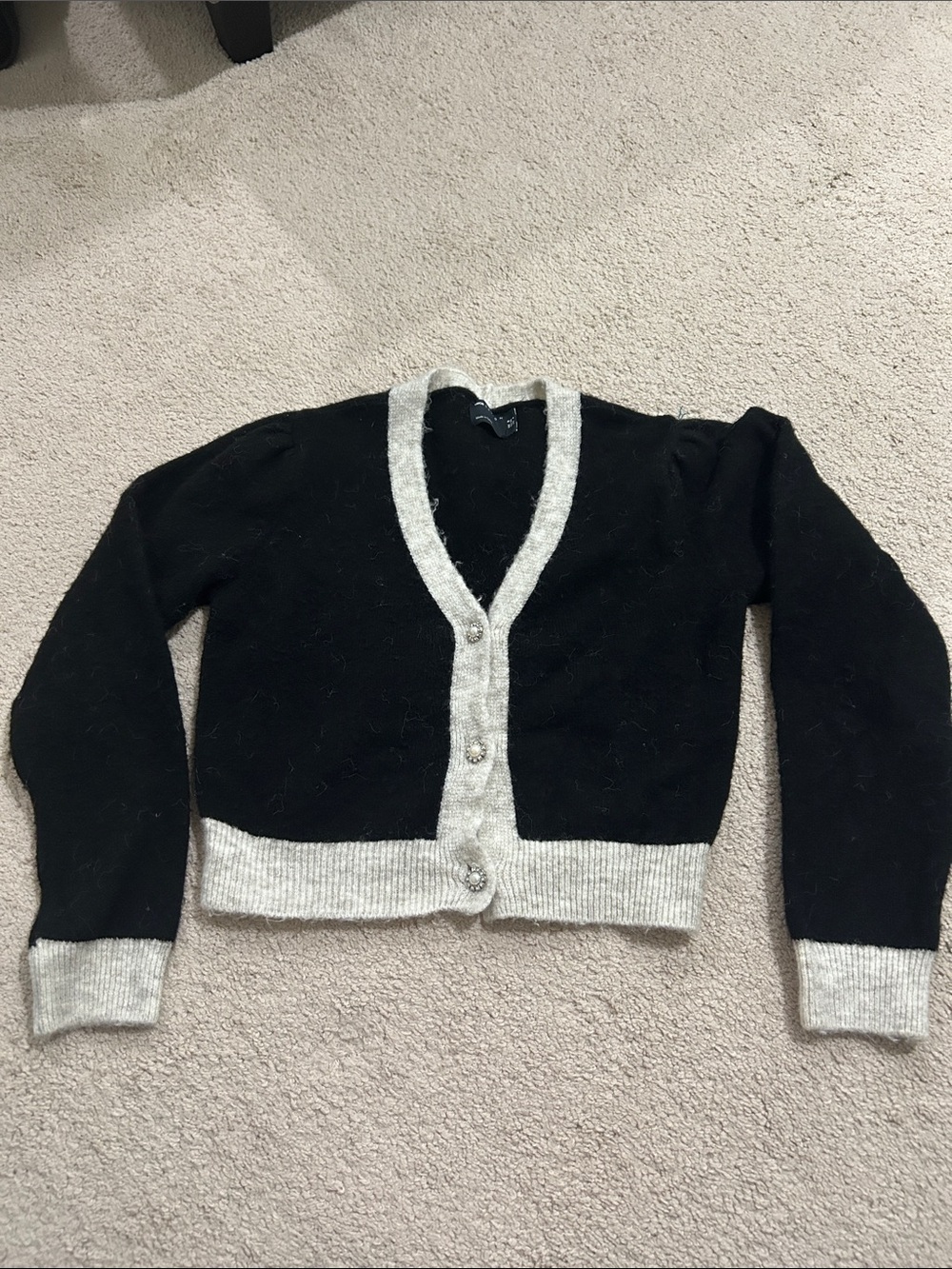 Black and Cream V-Neck Women's Cardigan Sweater